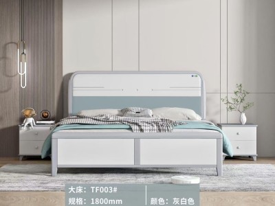 灰+白奶油风实木床图3