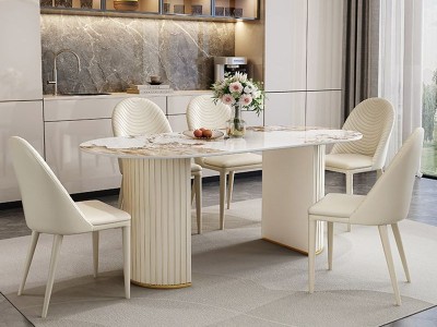 新款推荐605#轻奢意式奶油风岩板方桌，  搭配轻奢奶白色毛毛虫椅图3