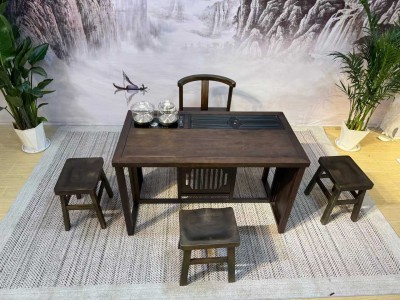 A8#阳台小茶台 材质：胡桃木 颜色：北美色 规格：120*65*70cm 配置：一桌四椅+玻璃养生壶 带抽屉图2