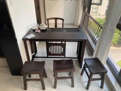 A8#阳台小茶台 材质：胡桃木 颜色：北美色 规格：120*65*70cm 配置：一桌四椅+玻璃养生壶 带抽屉图6