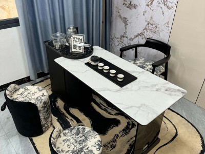 中古风茶台  尺寸：1.2/1.4/1.6/1.8米 岩板：香奈儿白/宝格丽黑 水波纹亚克力脚图5
