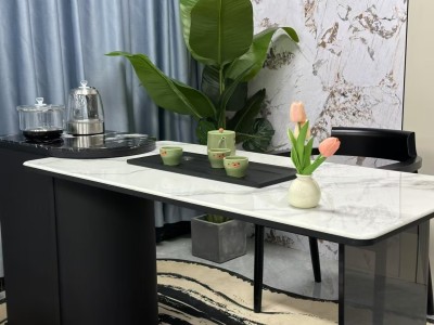 中古风茶台  尺寸：1.2/1.4/1.6/1.8米 岩板：香奈儿白/宝格丽黑 水波纹亚克力脚图7