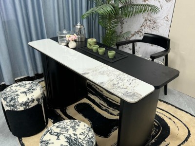 中古风茶台  尺寸：1.2/1.4/1.6/1.8米 岩板：香奈儿白/宝格丽黑 水波纹亚克力脚图3