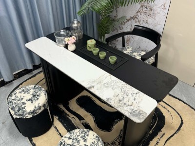 中古风茶台  尺寸：1.2/1.4/1.6/1.8米 岩板：香奈儿白/宝格丽黑 水波纹亚克力脚图2