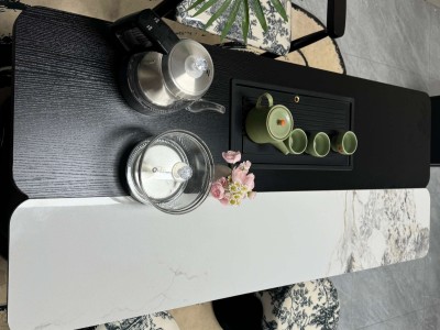 中古风茶台  尺寸：1.2/1.4/1.6/1.8米 岩板：香奈儿白/宝格丽黑 水波纹亚克力脚图4