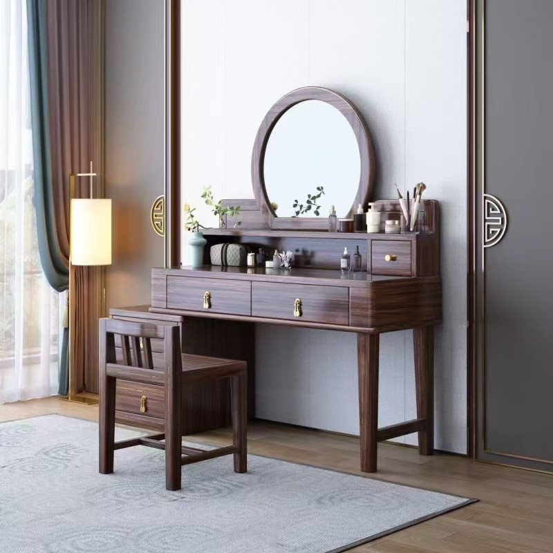 乌金木梳妆台 （方镜&圆镜） 带副柜可伸缩 7521#80x40x132cm 7522#100x40x132cm 副柜45x40x52cm 妆凳 35x32x55cm