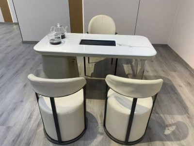 现代茶台 碳素钢卡其色框架 亚克力边脚 超晶石台面图2