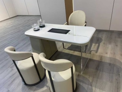 现代茶台 碳素钢卡其色框架 亚克力边脚 超晶石台面图3