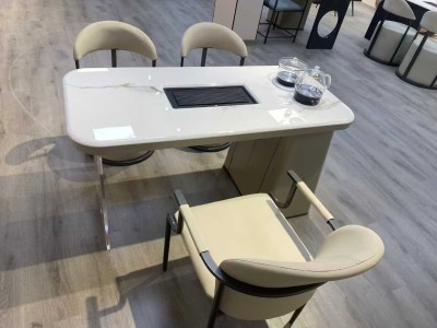 现代茶台 碳素钢卡其色框架 亚克力边脚 超晶石台面图4