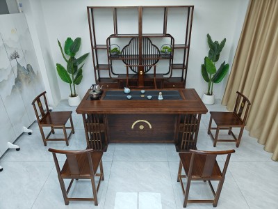 厚德载物茶台 【尺寸】160/180*78/73CM 【材质】橡木 【颜色】胡桃色图2
