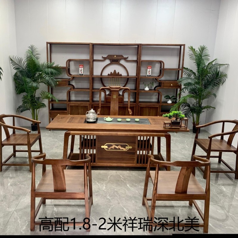 祥瑞茶台（新款） 【尺寸】180/200*80*73CM 【材质】橡木➕乌金木工艺 【颜色】北美胡/黑胡桃  实木加厚面板，高品质擦色工艺，质量过硬