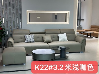 直排沙发，皮沙发，客厅沙发，软体沙发，型号：k22# 尺寸：3.2米加脚踏 颜色：浅灰色，浅咖色 材质：生态真皮，底架拉簧，高密度海绵，可调节功能头枕，5公分高一子型脚。图3