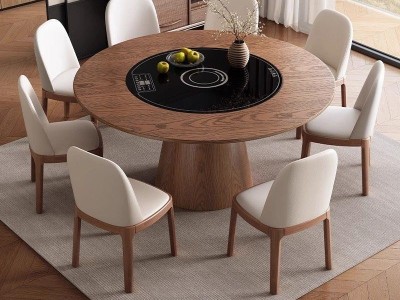 S10#圆桌，配岩板，实木面板 中间内嵌式语音智能暖菜板，电磁炉，电动转盘图6