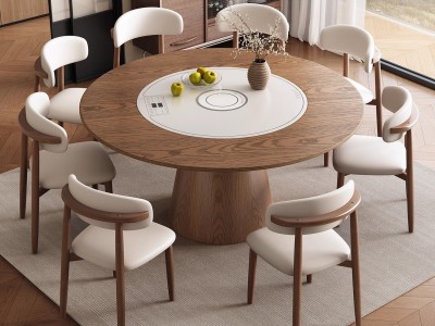 S10#圆桌，配岩板，实木面板 中间内嵌式语音智能暖菜板，电磁炉，电动转盘图7