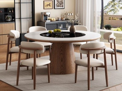 S10#圆桌，配岩板，实木面板 中间内嵌式语音智能暖菜板，电磁炉，电动转盘图4