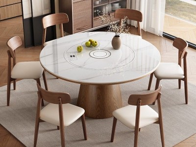 S10#圆桌，配岩板，实木面板 中间内嵌式语音智能暖菜板，电磁炉，电动转盘图2