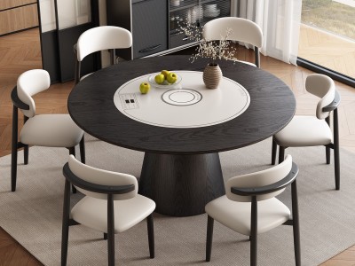 S10#圆桌，配岩板，实木面板 中间内嵌式语音智能暖菜板，电磁炉，电动转盘图8