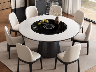 S10#圆桌，配岩板，实木面板 中间内嵌式语音智能暖菜板，电磁炉，电动转盘图3