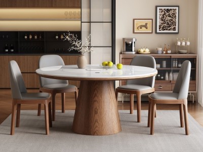 S10#圆桌，配岩板，实木面板 中间内嵌式语音智能暖菜板，电磁炉，电动转盘图5