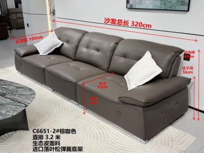 C6651-2# 棕咖色 尺寸：直排3.2米 特点:生态皮面料，实木宽板框架，羽绒靠包，海绵坐包，弹簧底架，高密度海绵，坐感舒适图8