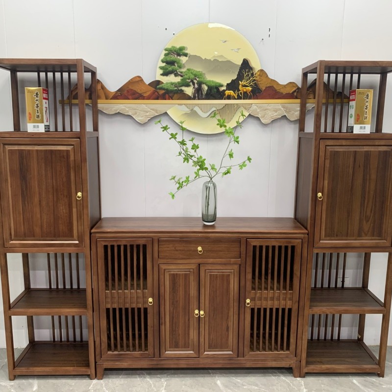 江南小镇 【尺寸】 中柜：120*33*90CM 边柜：50*33*180CM 三组合：220*33*180CM 【材质】橡木 【颜色】北美胡/黑胡桃