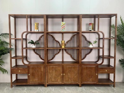 梅花博古架 【尺寸】285×33×196CM（三组合）             95×33×196CM（中柜） 192×33×196CM （两组合） 【材质】橡木/格木 【颜色】北美胡/黑胡桃图2