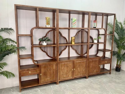 梅花博古架 【尺寸】285×33×196CM（三组合）             95×33×196CM（中柜） 192×33×196CM （两组合） 【材质】橡木/格木 【颜色】北美胡/黑胡桃图3