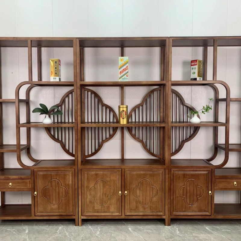 梅花博古架 【尺寸】285×33×196CM（三组合）             95×33×196CM（中柜） 192×33×196CM （两组合） 【材质】橡木/格木 【颜色】北美胡/黑胡桃