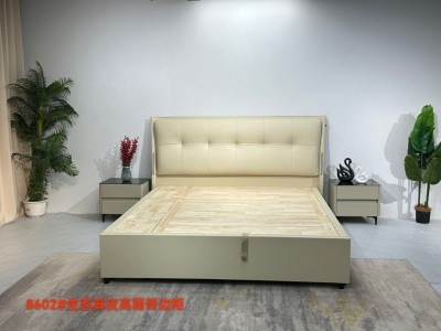 高箱床系列 8602# W-29，生态真皮面料，时尚简约高密度海绵靠包，全实木木超大容量储物大高箱，带两大抽边柜（可不带边柜），橡木床板，带触摸灯，配时尚黑玻床头柜，1.8/1.5米图4