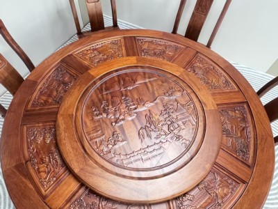 新品爆款上新   F901# 花梨色  格木大圆桌！加厚桌面，加厚椅子   尺寸：1.3米，1.5米，1.6米（带转盘带玻璃）  （可定制1.8米2米）图5