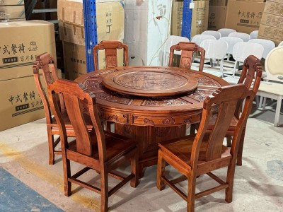 新品爆款上新   F901# 花梨色  格木大圆桌！加厚桌面，加厚椅子   尺寸：1.3米，1.5米，1.6米（带转盘带玻璃）  （可定制1.8米2米）图8
