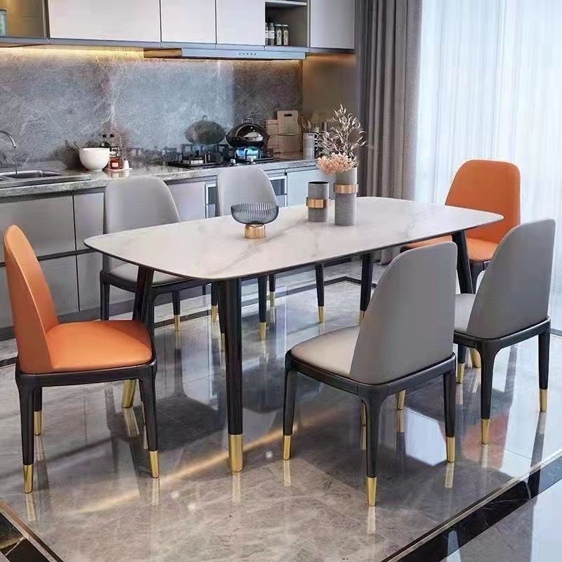 全橡木圆脚方桌，搭配全实木八角椅，台架带板，台面：意大利灰亮光岩板，雪山白亮光白岩板