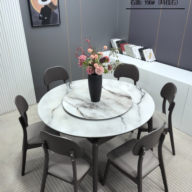 新款推荐 桌子：A31# 轻奢跳台 椅子：多款椅子可选 石面：超晶石，科技石，玉晶石 颜色：星空灰（可带电磁炉） 尺寸:  1.33米 配02-A/033-A椅1130（科技石）