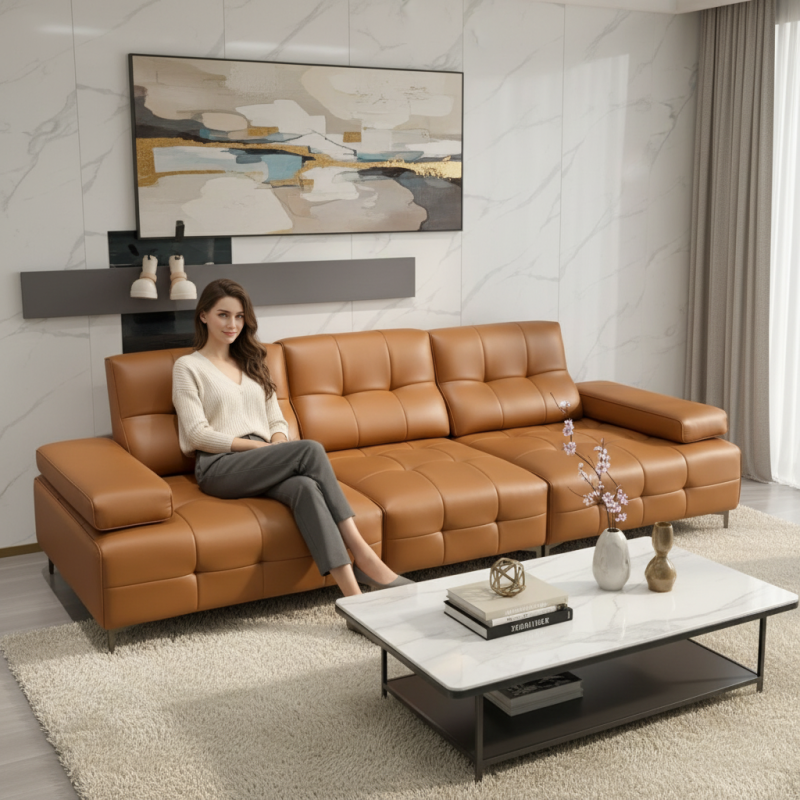 棋盘格沙发 颜色：焦糖色 面料：生态真皮面料 尺寸：3.2米，深度1.1米 配置：加宽加厚落叶松内架，高密度高回弹海绵，沙发可前后移动 坐可躺可秒变床。 特点：靠背可前后移动，扶手3档可调节