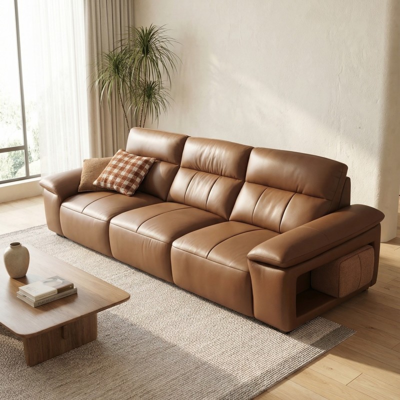 【型号】326# 凳子款 【面料】生态真皮 【尺寸】直排总长3米 【框架】加宽加厚落叶松框架 【海绵】高密度高回弹海绵座感 【特点】羽丝棉填充靠包舒适度极高，扶手配4个凳子。