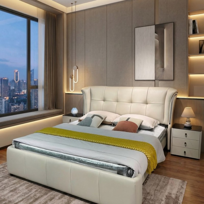 【型号】2601# 【面料】生态真皮 米灰色 【配置】满铺2.5×15松木床板11块 【特点】落叶松环保框架，高配黑晶石三抽床头柜，上下可调节低屏，高密度海绵填充，床头带不锈钢感应灯