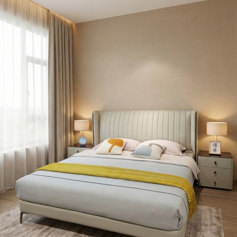 【型号】2603# 【面料】生态真皮 【填充】高密度海绵靠包 【配置】实木床边 2.5×20床板满铺 【特点】落叶松框架可透视+五金装饰