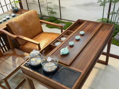 新款「人和汉风」茶台  尺寸：120/140*68*72cm 标配一汉客椅，两小围椅。图3