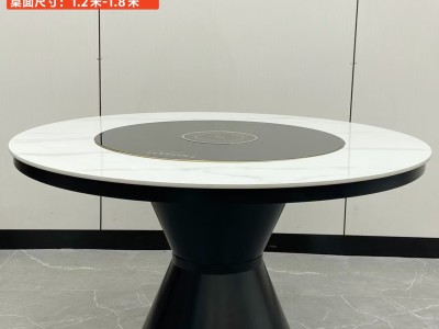 型号：Q985#  圆桌配内嵌款台圈 材质：碳素钢底架    搭配岩板+内嵌暖菜板 尺寸：1.2米-1.8米 搭配熊猫椅，环抱椅，百雀椅， 大菠萝，贝勒椅，刀片椅，蝴蝶椅 羊角椅 太阳椅 爱心椅 随意图8