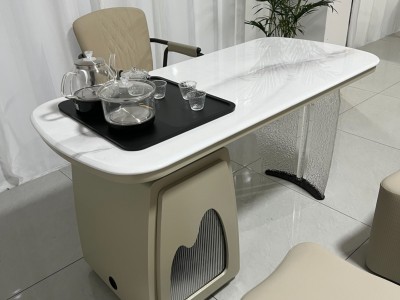 清悦茶台 材质：超晶石+碳素钢+亚克力 颜色：梨园春超晶石 尺寸：1.2米、1.4米。图6