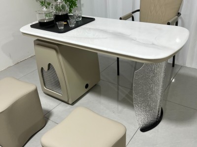 清悦茶台 材质：超晶石+碳素钢+亚克力 颜色：梨园春超晶石 尺寸：1.2米、1.4米。图4