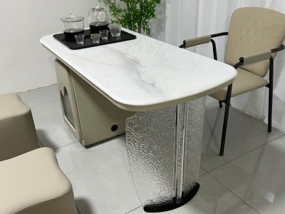 清悦茶台 材质：超晶石+碳素钢+亚克力 颜色：梨园春超晶石 尺寸：1.2米、1.4米。图5