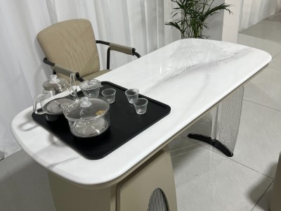 清悦茶台 材质：超晶石+碳素钢+亚克力 颜色：梨园春超晶石 尺寸：1.2米、1.4米。图7