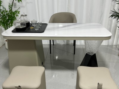 雅澜茶台 材质：超晶石+碳素钢+亚克力 颜色：鱼肚金超晶石 尺寸：1.2米、1.4米图3