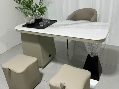 雅澜茶台 材质：超晶石+碳素钢+亚克力 颜色：鱼肚金超晶石 尺寸：1.2米、1.4米图4