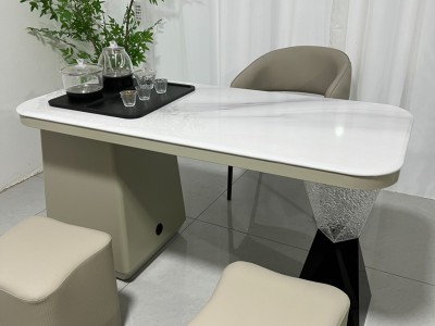 雅澜茶台 材质：超晶石+碳素钢+亚克力 颜色：鱼肚金超晶石 尺寸：1.2米、1.4米图2