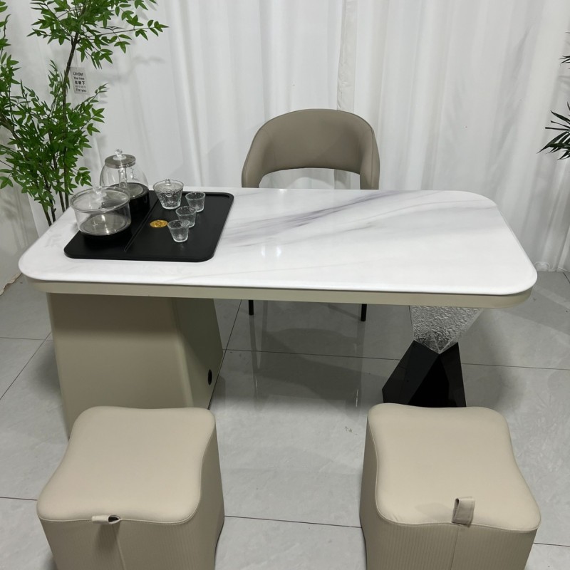 雅澜茶台 材质：超晶石+碳素钢+亚克力 颜色：鱼肚金超晶石 尺寸：1.2米、1.4米