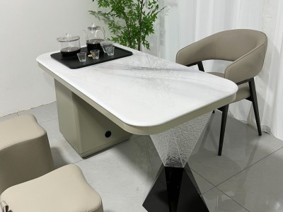 雅澜茶台 材质：超晶石+碳素钢+亚克力 颜色：鱼肚金超晶石 尺寸：1.2米、1.4米图5