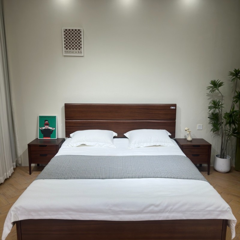 臻实胡桃木/全实木床， 颜色： 南美金柚色