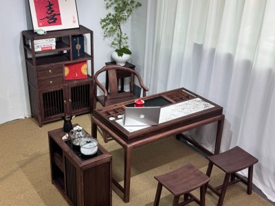 阳台款推拉茶桌  颜色：金胡桃  尺寸：126*70*72cm  配置：单桌+百福主椅+2张副椅+推拉茶水柜+养生炉图4